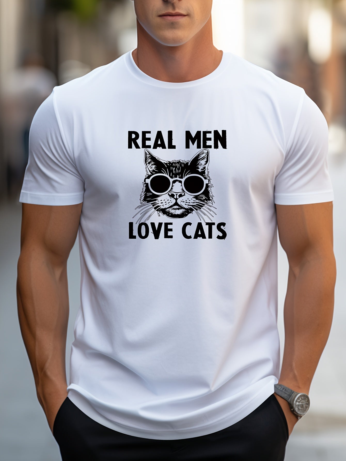 Men's Trendy Hand-Drawn Kitten Print Regular Shoulder T-Shirt