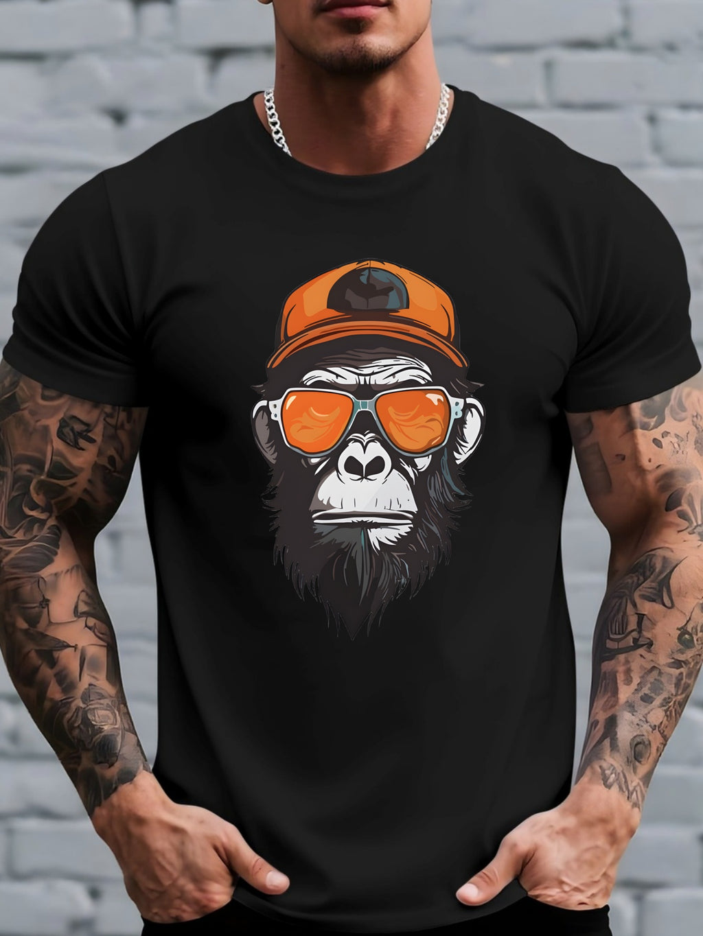 Men's Monkey Print T-Shirt - Monkey-Themed Short Sleeve Round Neck Casual Top, Breathable Summer Shirt Suitable for Outdoor & Casual Attire, Machine Washable Solid Color Base with Monkey