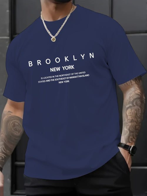 1pc Men's Casual Brooklyn Print T-Shirt, Polyester Knit Fabric, Round Neck, Regular Fit, Soft and Comfortable, Summer Graphic Tee for Adults