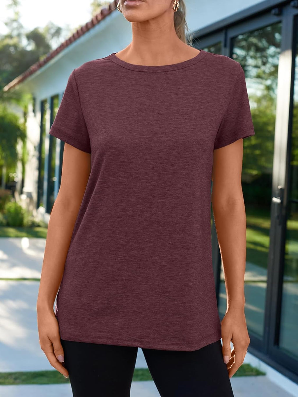 AUTOMET Women's Casual Shirt Soft Short Sleeve Round Neck Spring Summer Tops