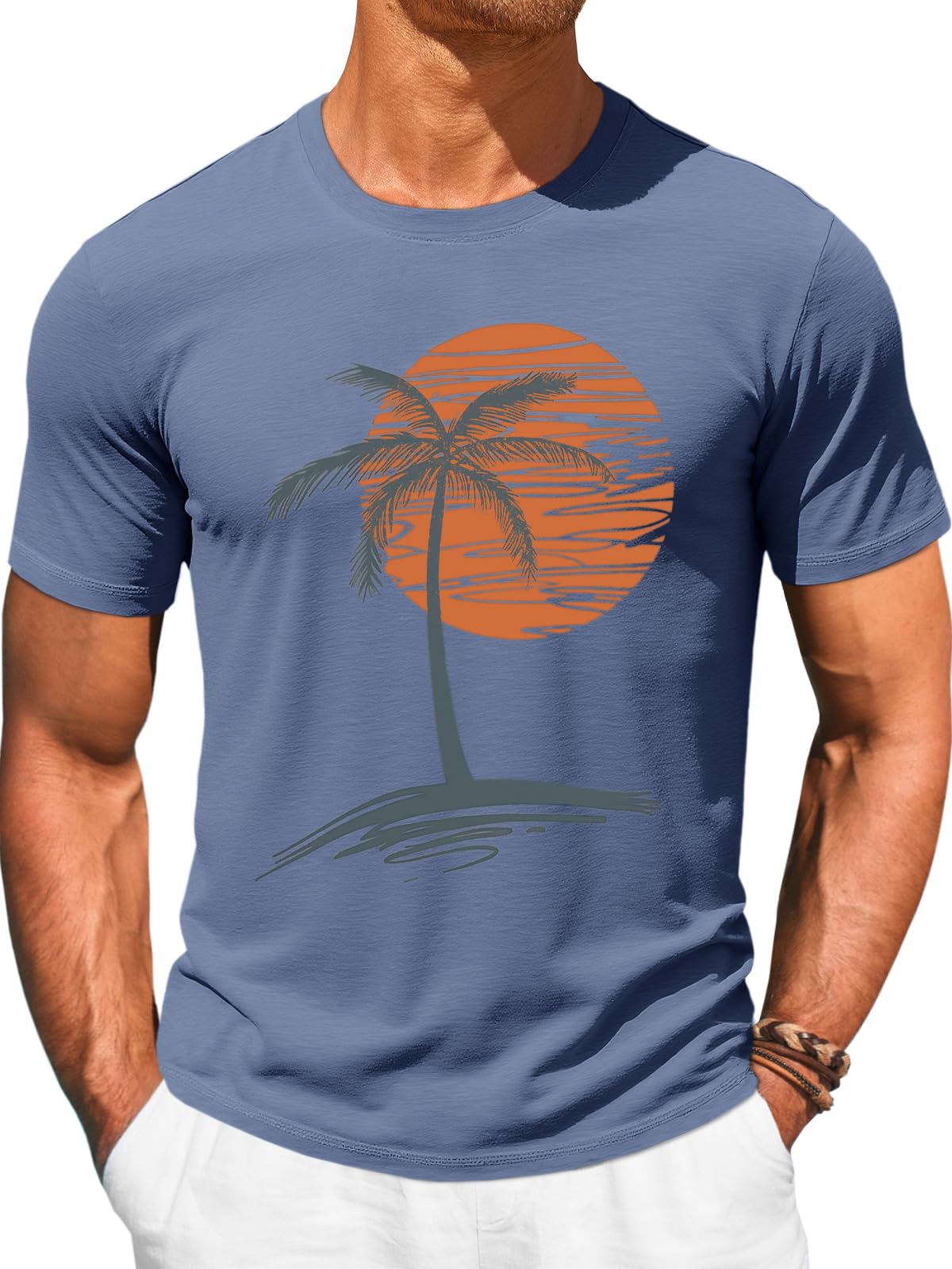Runcati Mens Short Sleeve T-Shirts Graphic Crew Neck Casual Shirt Summer Beach Palm Tree Printed Vintage Hawaiian Tees
