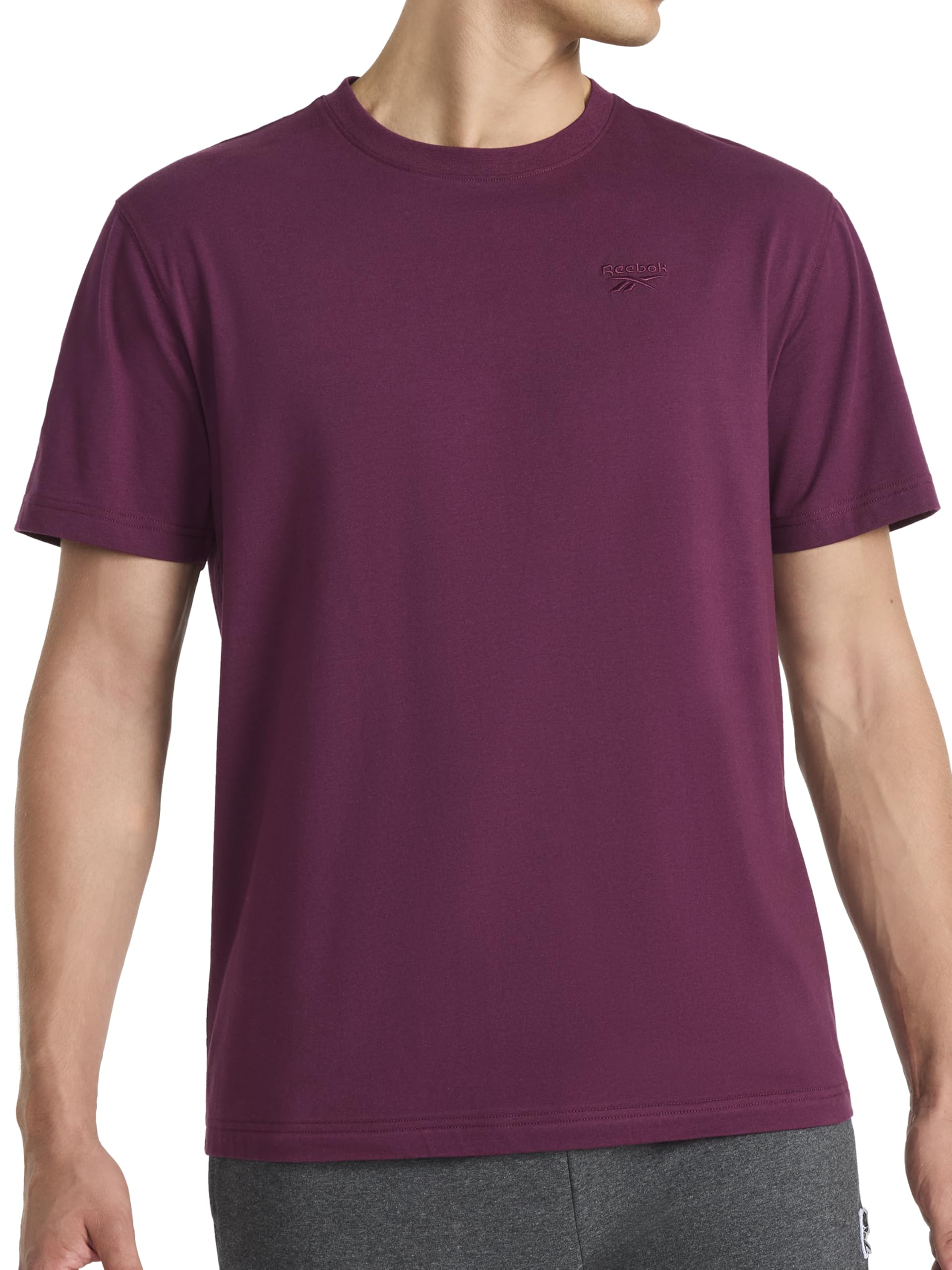 Reebok Men's Short Sleeve Crewneck Embroidered T-Shirt, Standard Fit, Lightweight Stretch Cotton Fabric