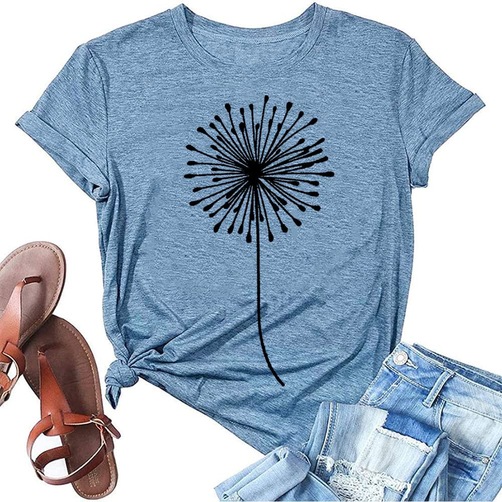 Womens Dandelion T Shirts Sunflower Graphic Casual Tees Short Sleeve Tops