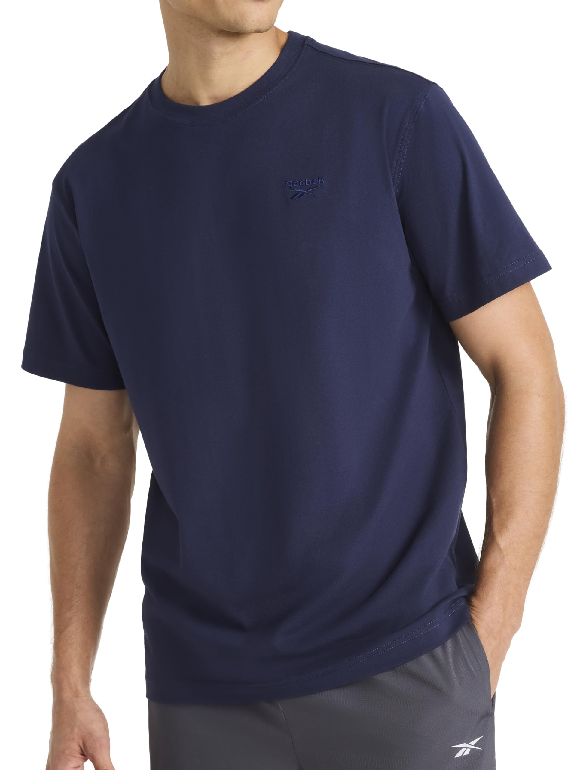 Reebok Men's Short Sleeve Crewneck Embroidered T-Shirt, Standard Fit, Lightweight Stretch Cotton Fabric