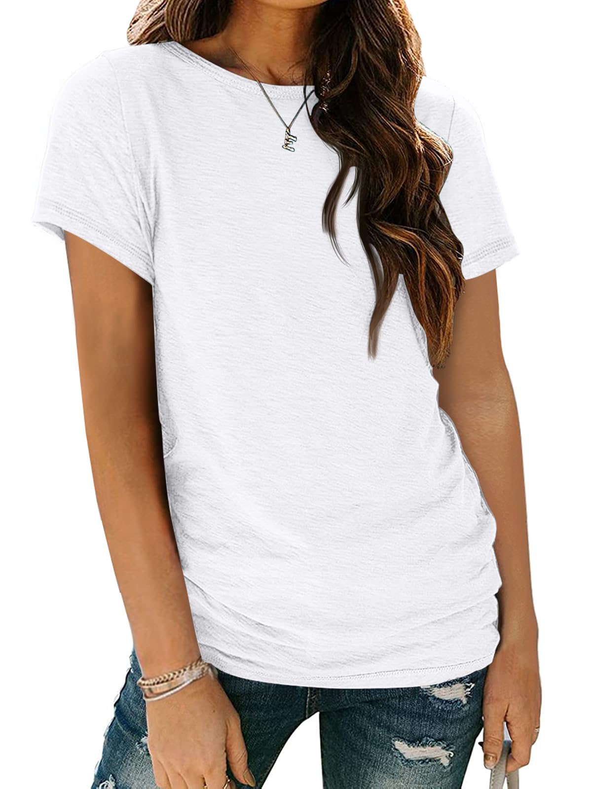 AUTOMET Women's Casual Shirt Soft Short Sleeve Round Neck Spring Summer Tops