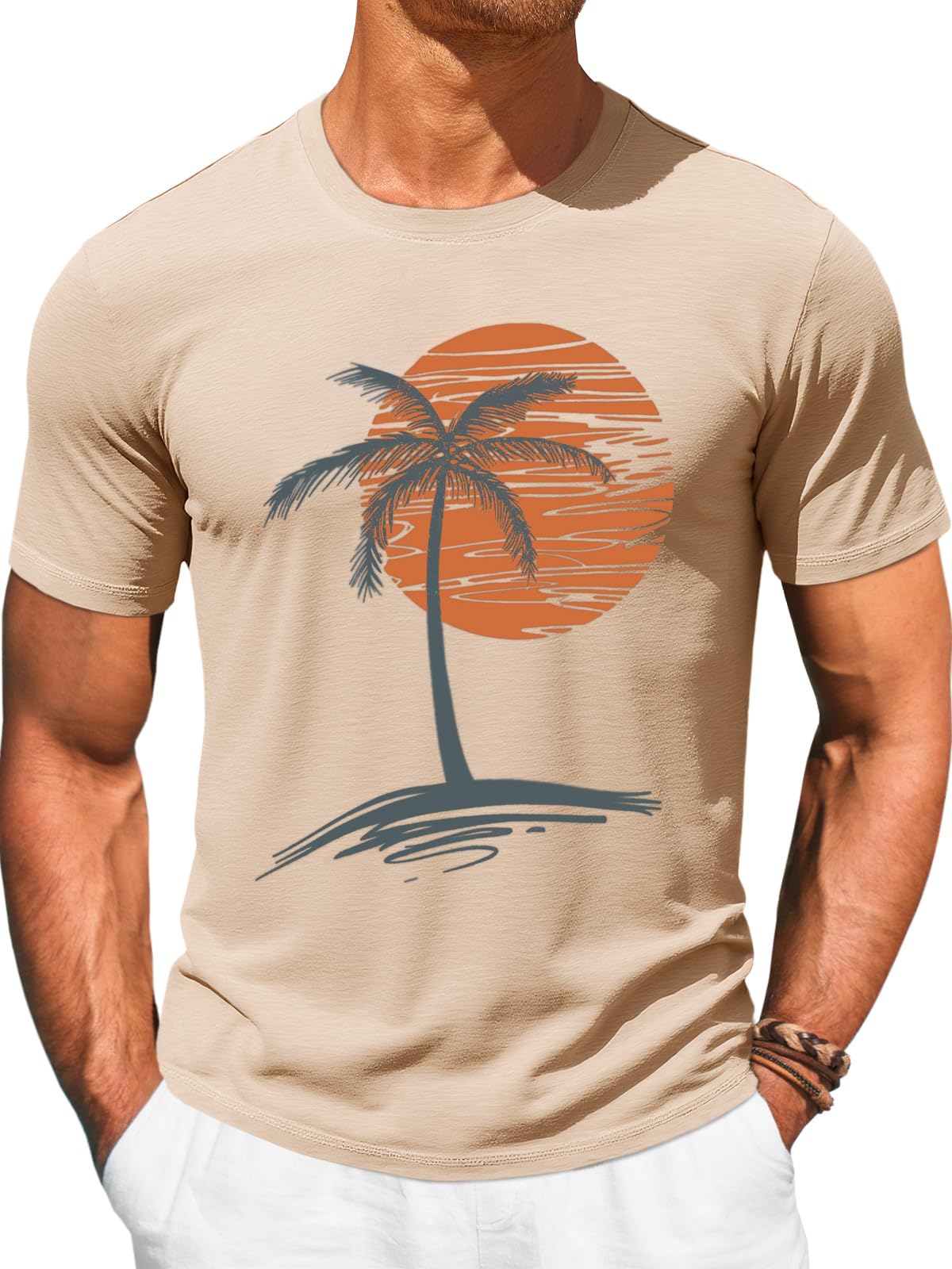 Runcati Mens Short Sleeve T-Shirts Graphic Crew Neck Casual Shirt Summer Beach Palm Tree Printed Vintage Hawaiian Tees