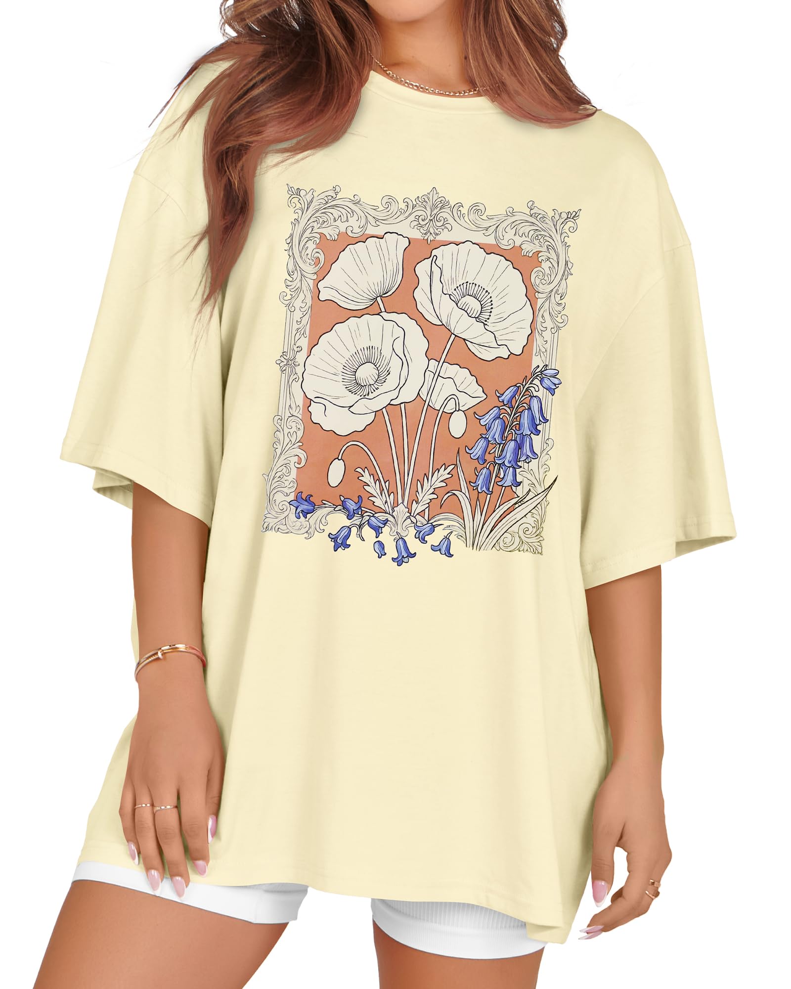 rosemia Oversized Tshirts for Women Summer Short Sleeve Round Neck Graphic Tee Shirt