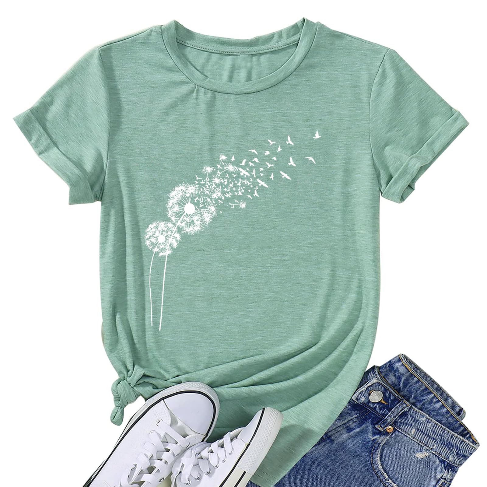 Womens Dandelion T Shirts Sunflower Graphic Casual Tees Short Sleeve Tops