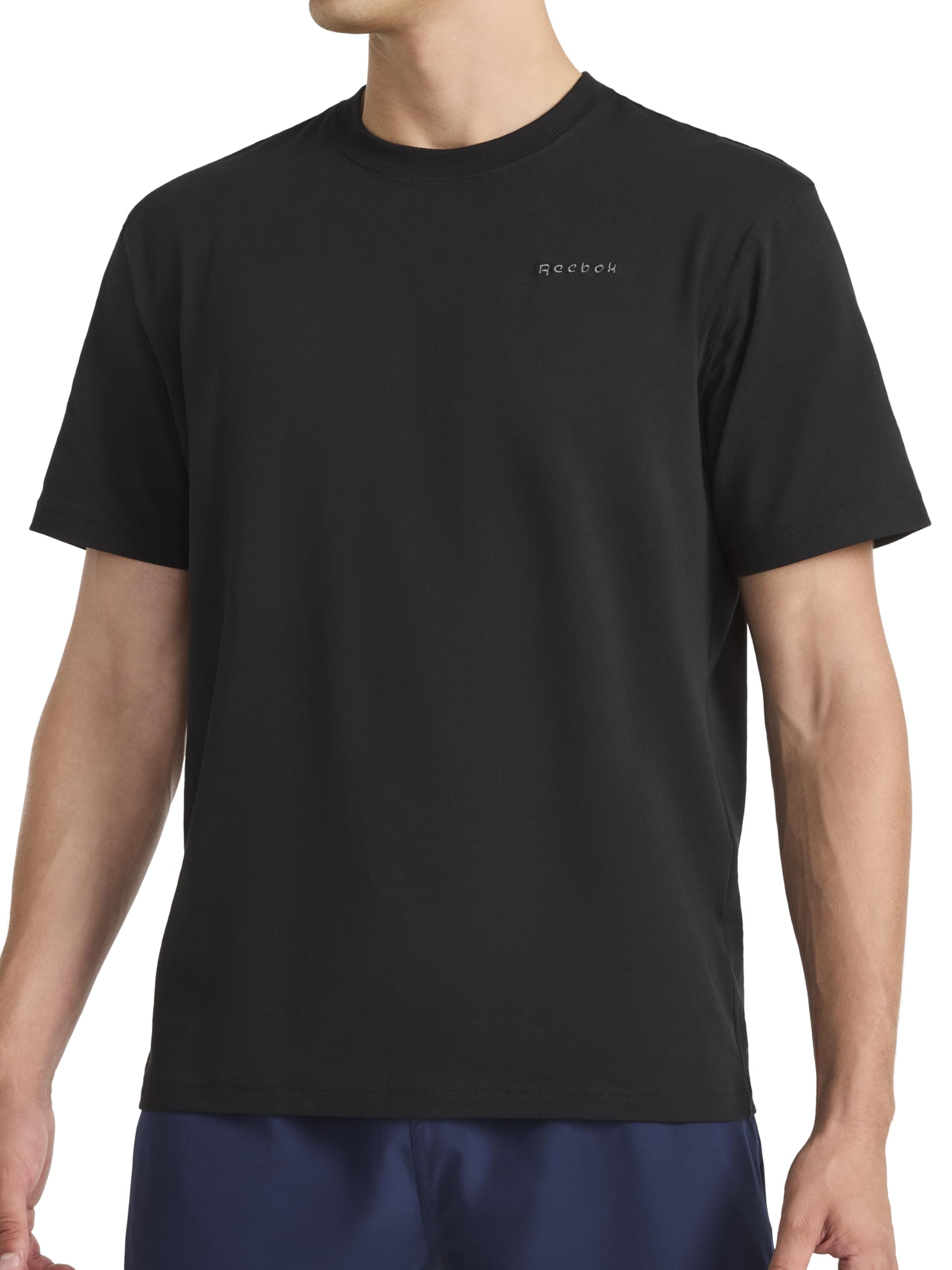 Reebok Men's Short Sleeve Crewneck Embroidered T-Shirt, Standard Fit, Lightweight Stretch Cotton Fabric