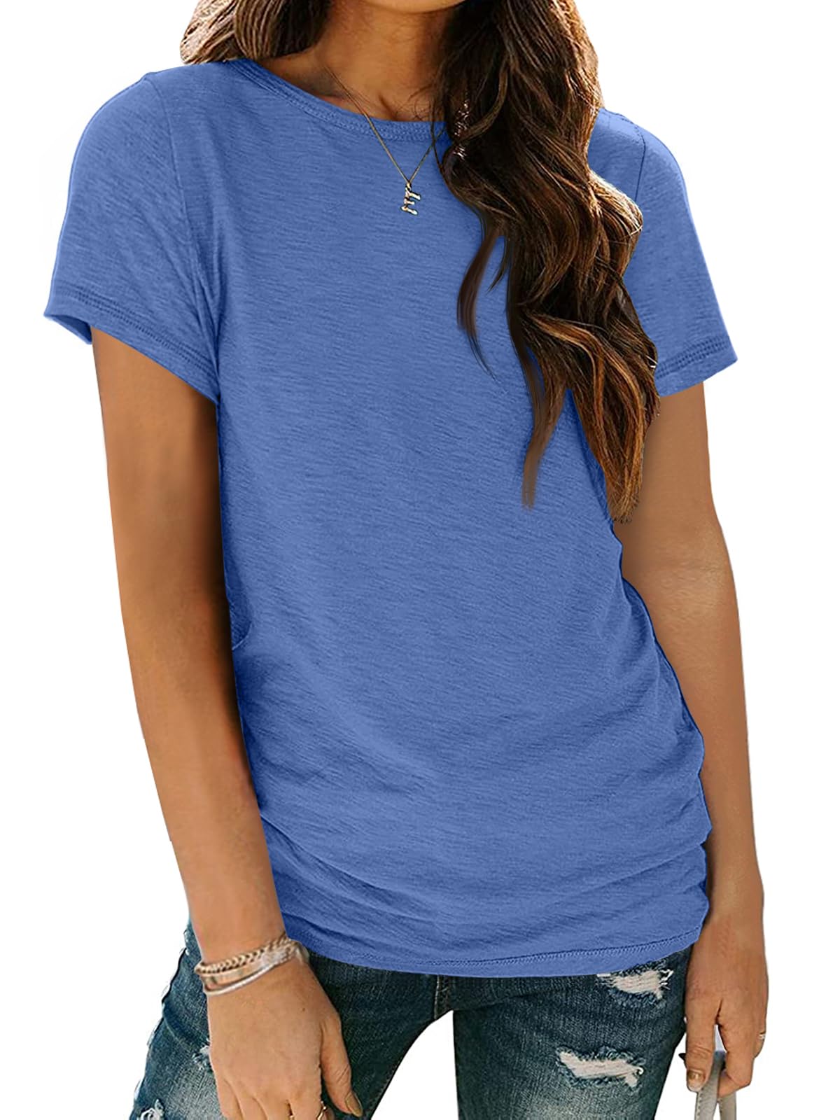 AUTOMET Women's Casual Shirt Soft Short Sleeve Round Neck Spring Summer Tops