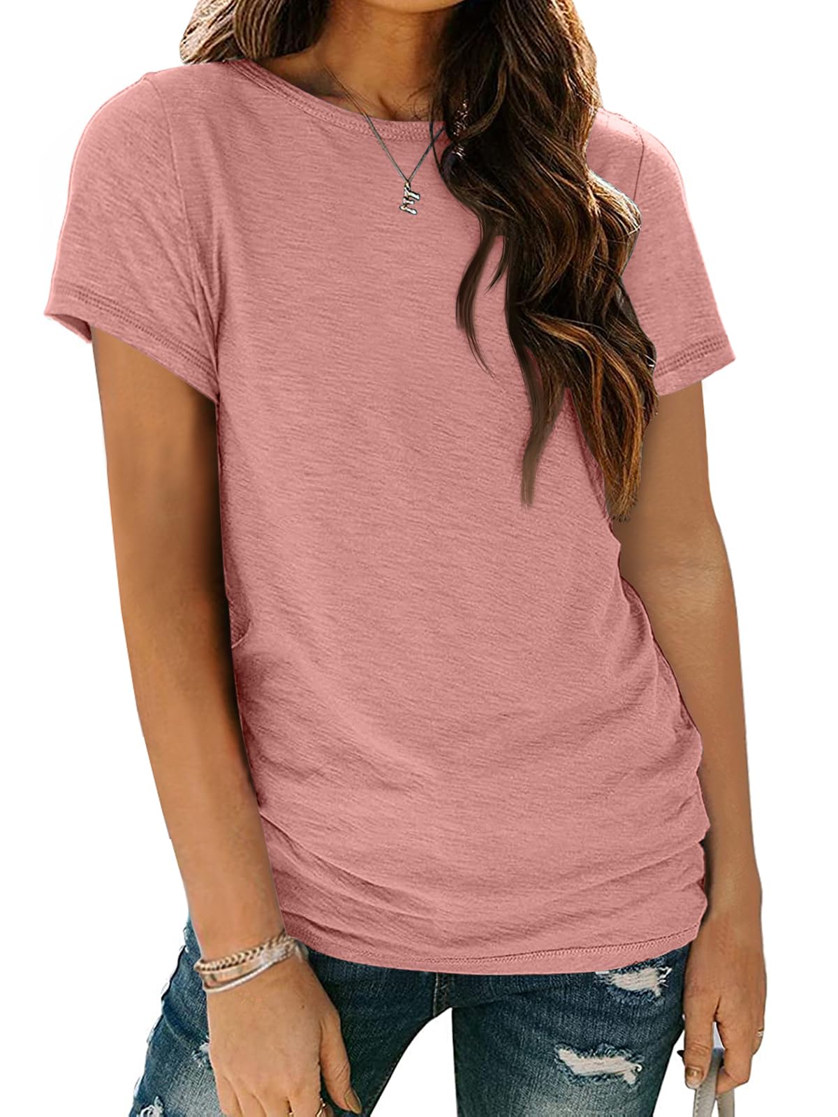 AUTOMET Women's Casual Shirt Soft Short Sleeve Round Neck Spring Summer Tops