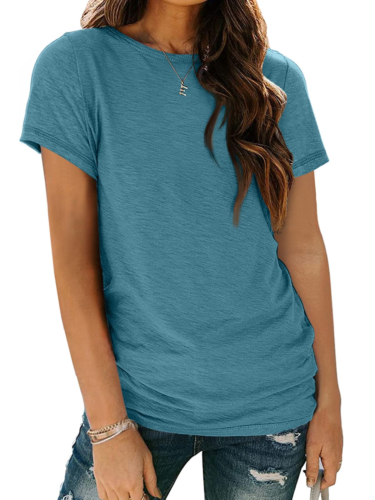AUTOMET Women's Casual Shirt Soft Short Sleeve Round Neck Spring Summer Tops