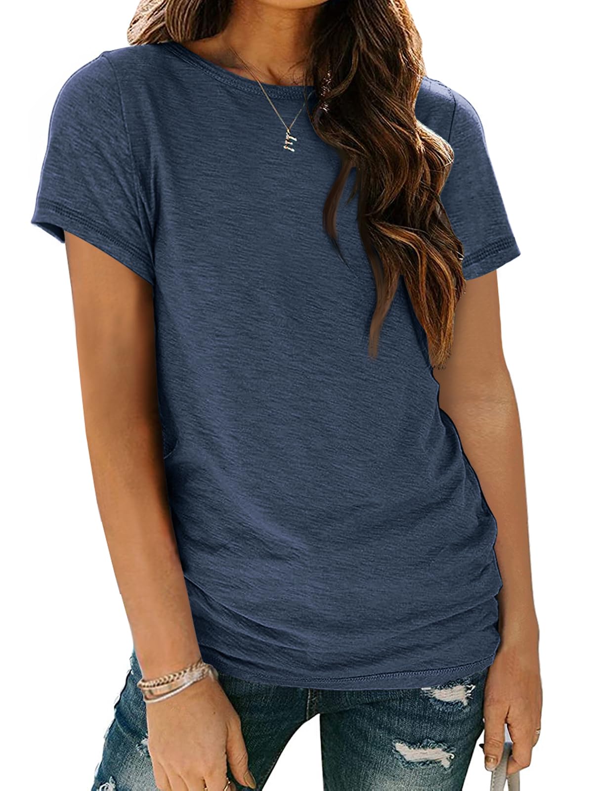 AUTOMET Women's Casual Shirt Soft Short Sleeve Round Neck Spring Summer Tops
