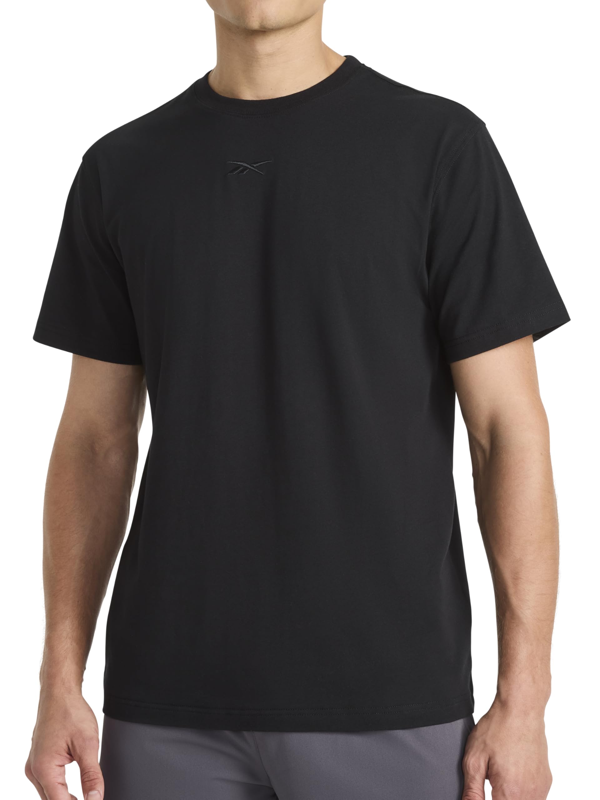 Reebok Men's Short Sleeve Crewneck Embroidered T-Shirt, Standard Fit, Lightweight Stretch Cotton Fabric