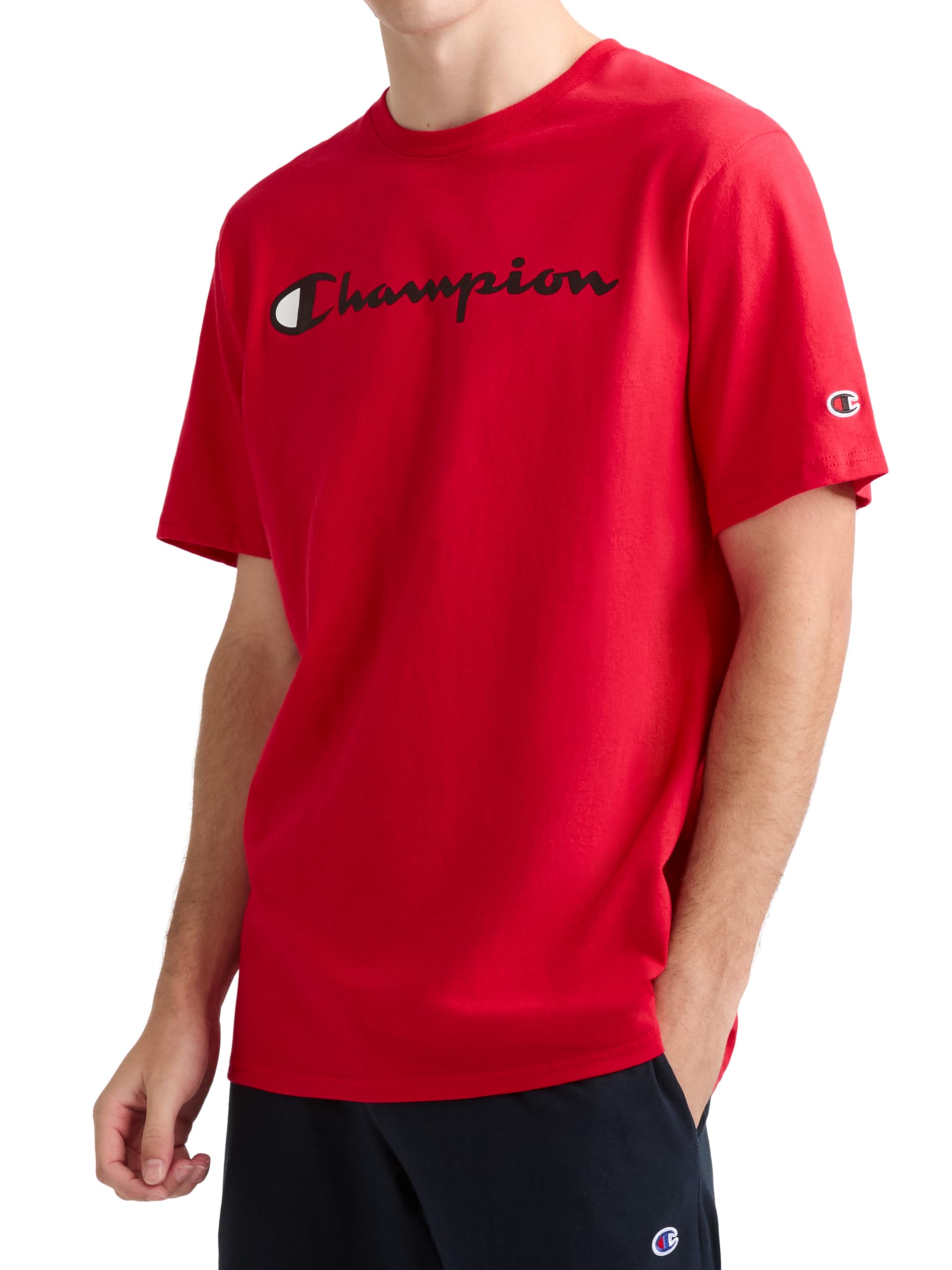 Champion Men's Graphic Short Sleeve T-Shirt, Standard Fit, Classic Script Logo, Midweight 100% Cotton