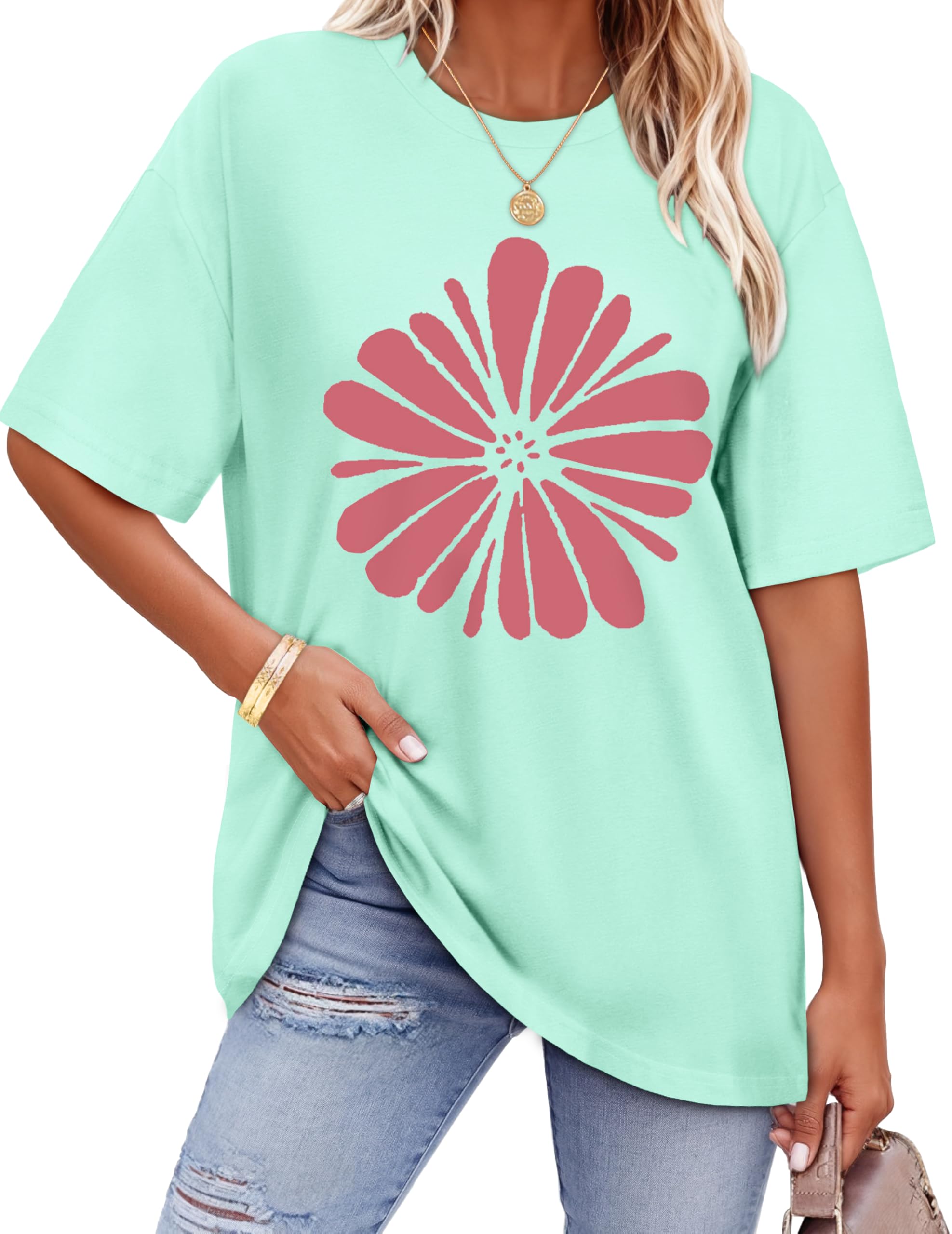 ADOREJOY Oversized Tshirts for Women Crewneck Summer Graphic Tees Short Sleeve Loose Basic Tops 2026
