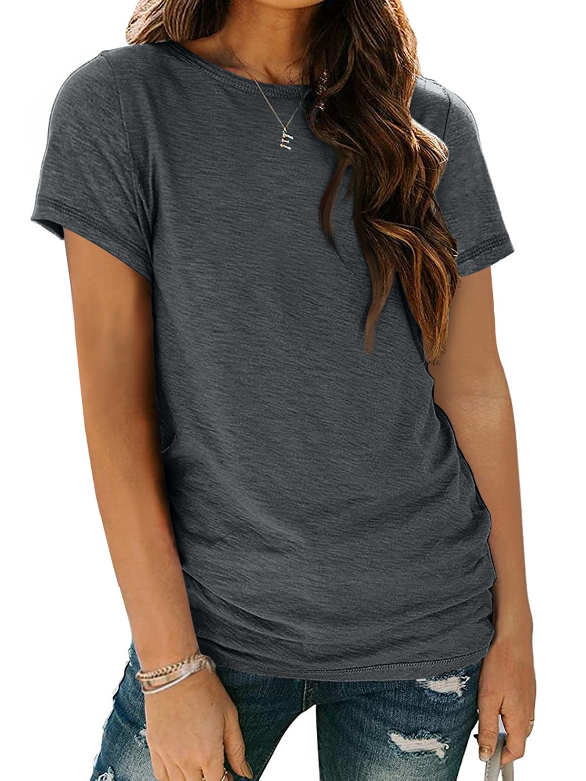AUTOMET Women's Casual Shirt Soft Short Sleeve Round Neck Spring Summer Tops