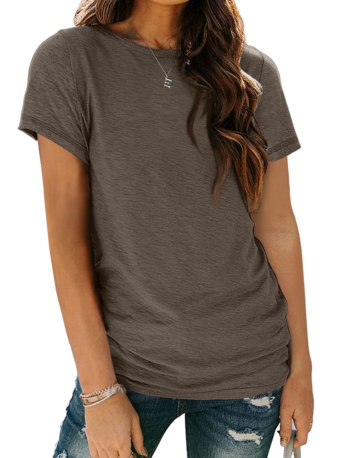 AUTOMET Women's Casual Shirt Soft Short Sleeve Round Neck Spring Summer Tops