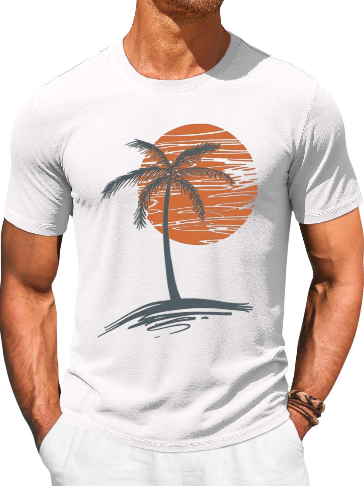 Runcati Mens Short Sleeve T-Shirts Graphic Crew Neck Casual Shirt Summer Beach Palm Tree Printed Vintage Hawaiian Tees