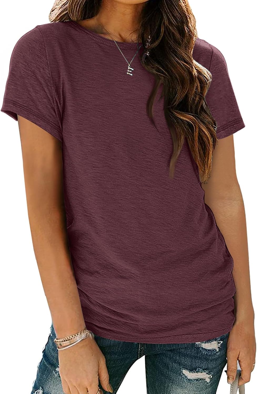 AUTOMET Women's Casual Shirt Soft Short Sleeve Round Neck Spring Summer Tops