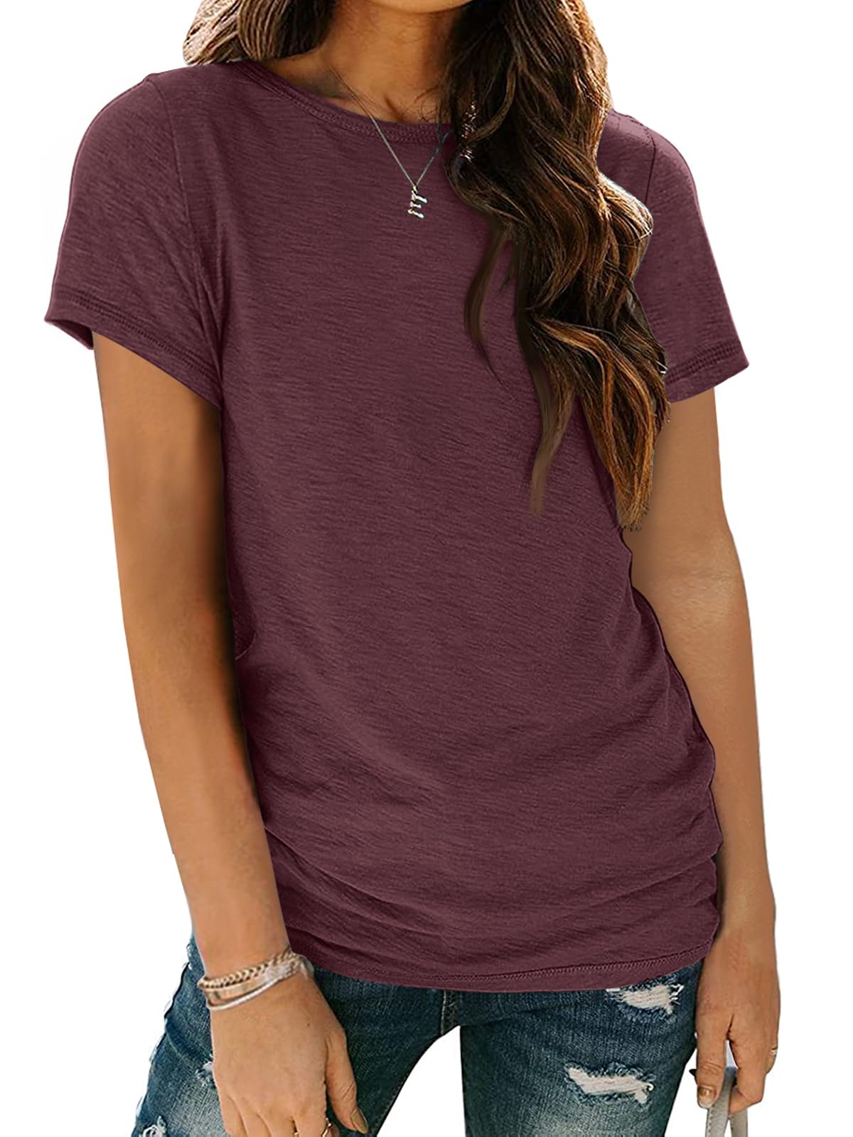 AUTOMET Women's Casual Shirt Soft Short Sleeve Round Neck Spring Summer Tops
