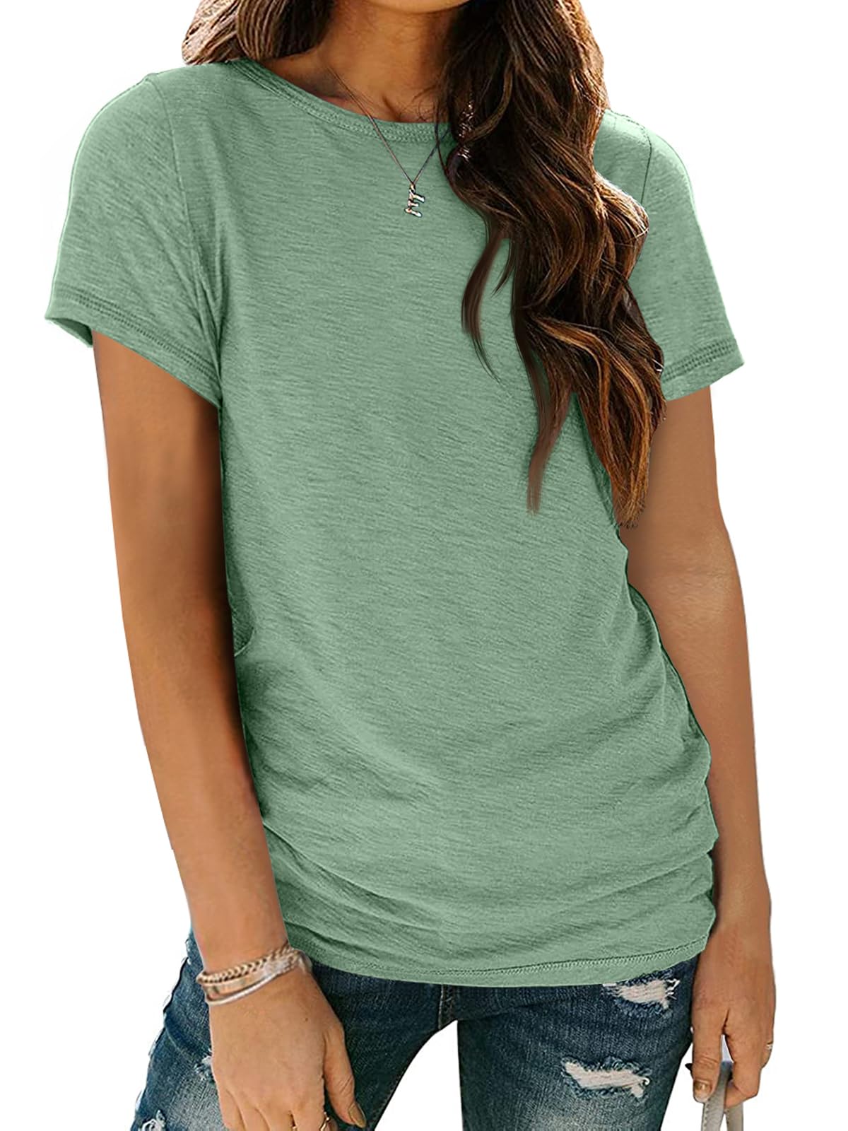 AUTOMET Women's Casual Shirt Soft Short Sleeve Round Neck Spring Summer Tops