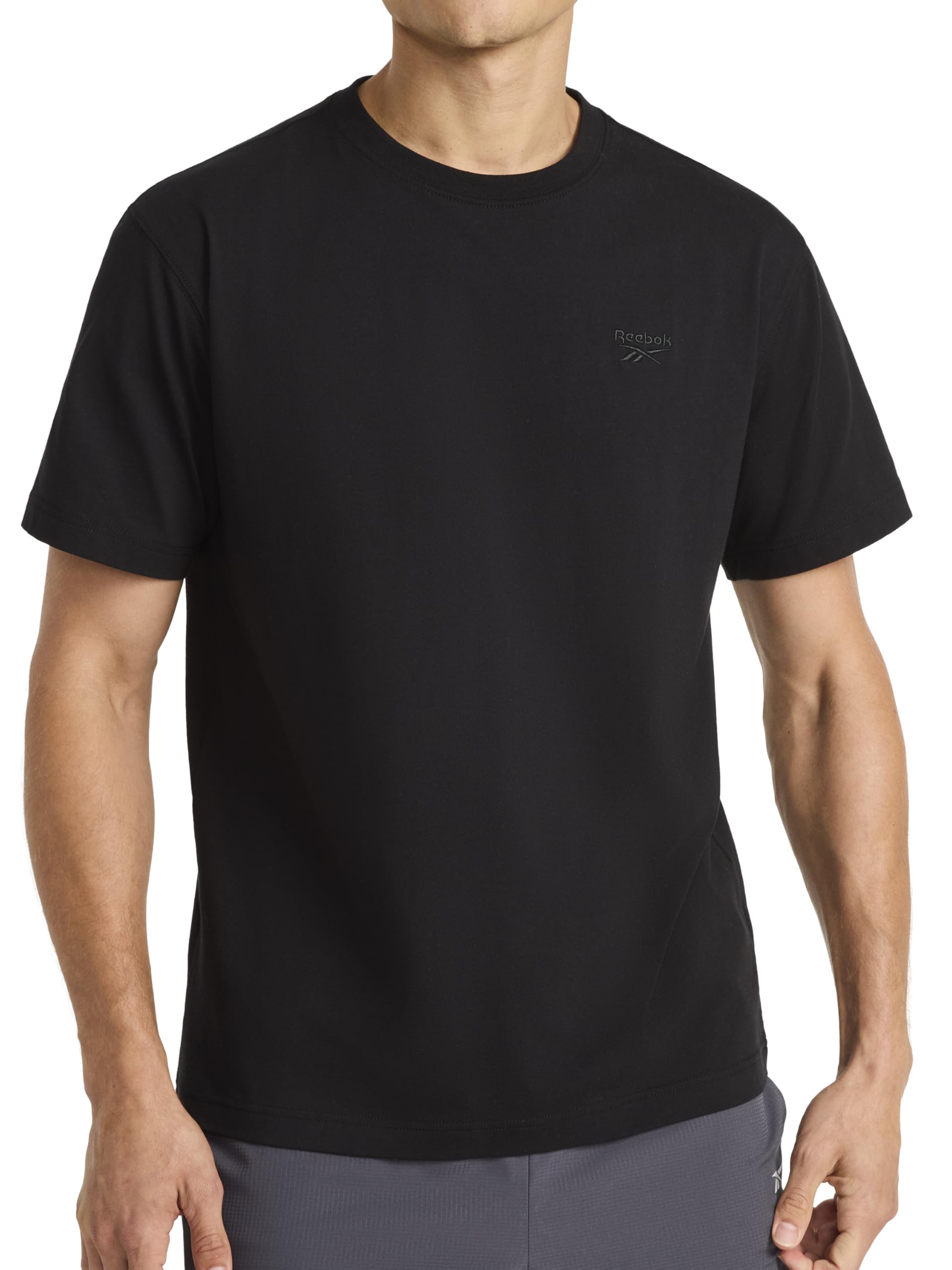 Reebok Men's Short Sleeve Crewneck Embroidered T-Shirt, Standard Fit, Lightweight Stretch Cotton Fabric