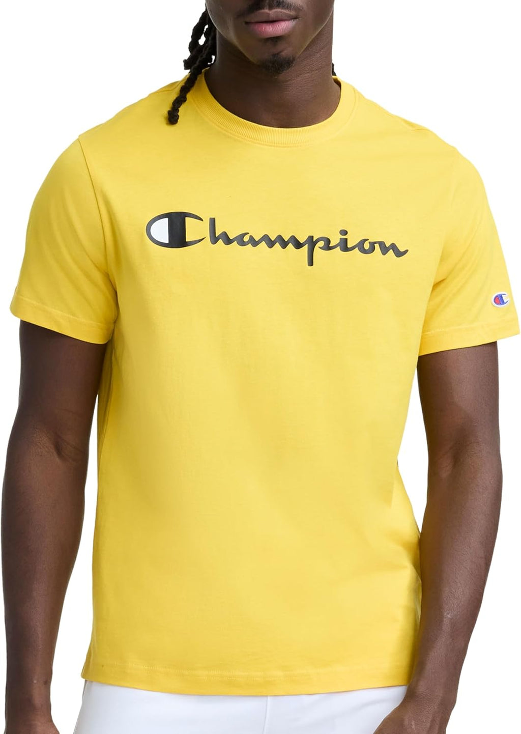Champion Men's Graphic Short Sleeve T-Shirt, Standard Fit, Classic Script Logo, Midweight 100% Cotton