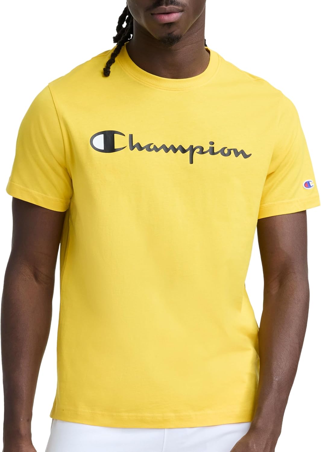 Champion Men's Graphic Short Sleeve T-Shirt, Standard Fit, Classic Script Logo, Midweight 100% Cotton