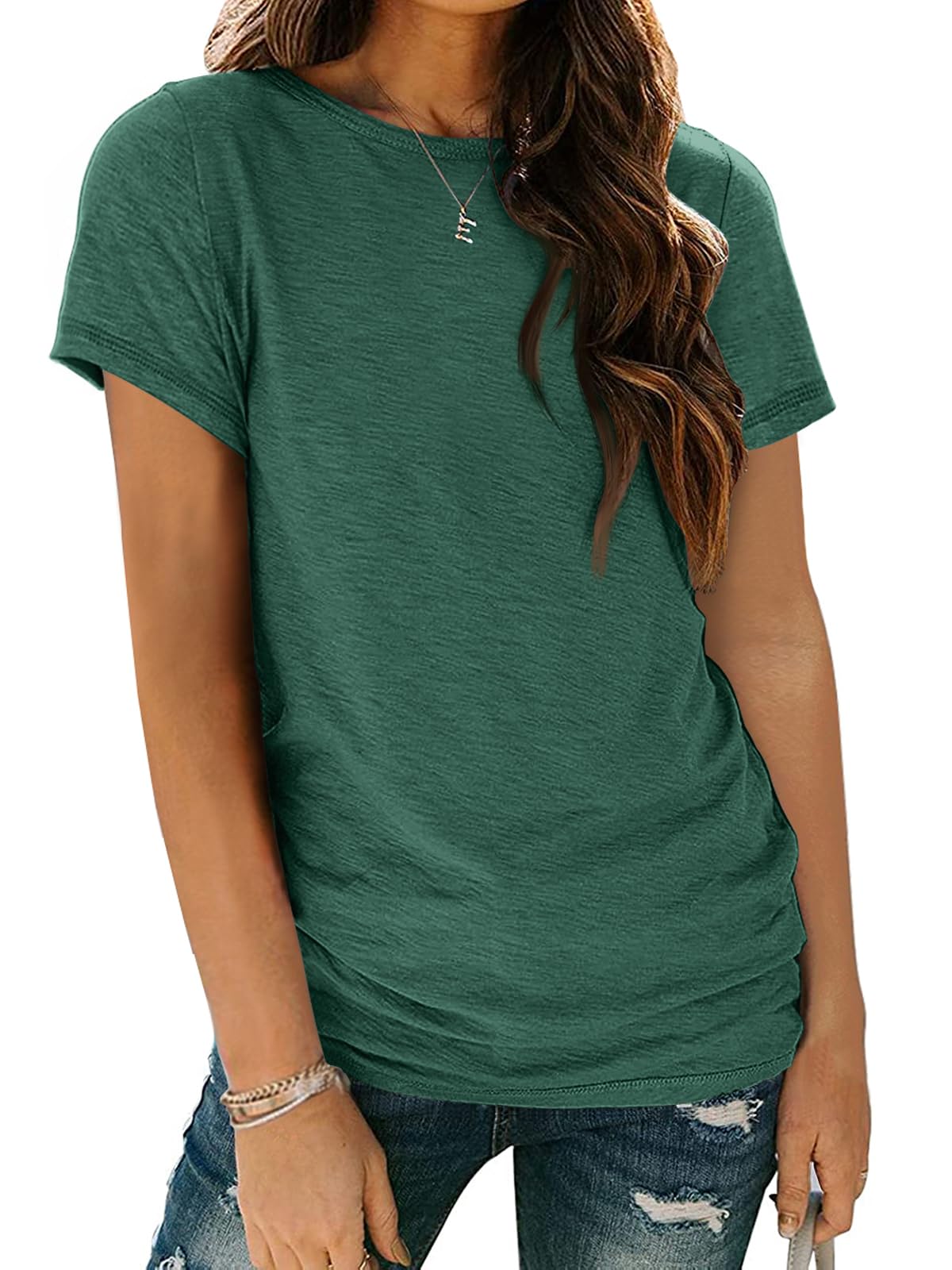 AUTOMET Women's Casual Shirt Soft Short Sleeve Round Neck Spring Summer Tops