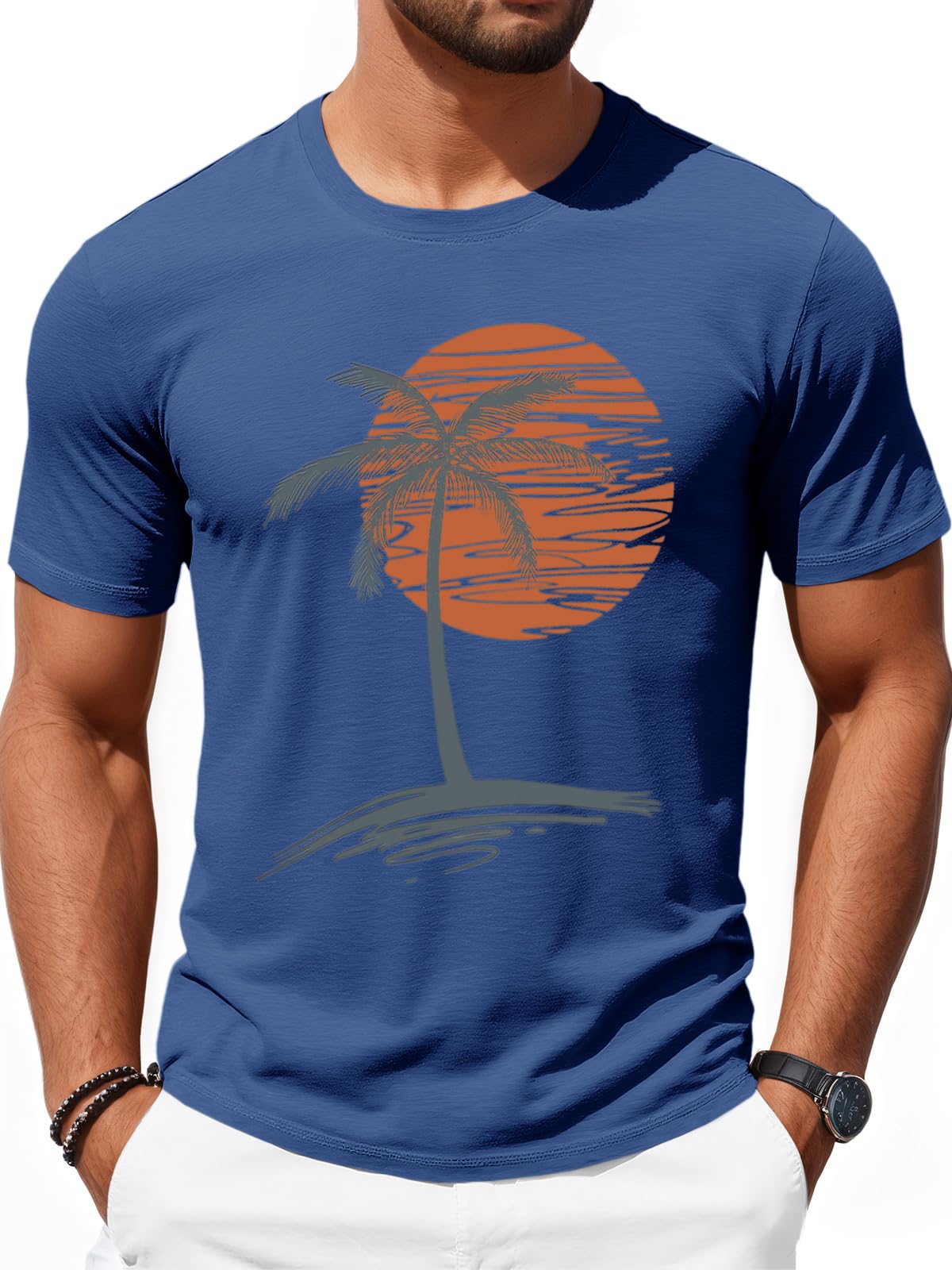 Runcati Mens Short Sleeve T-Shirts Graphic Crew Neck Casual Shirt Summer Beach Palm Tree Printed Vintage Hawaiian Tees