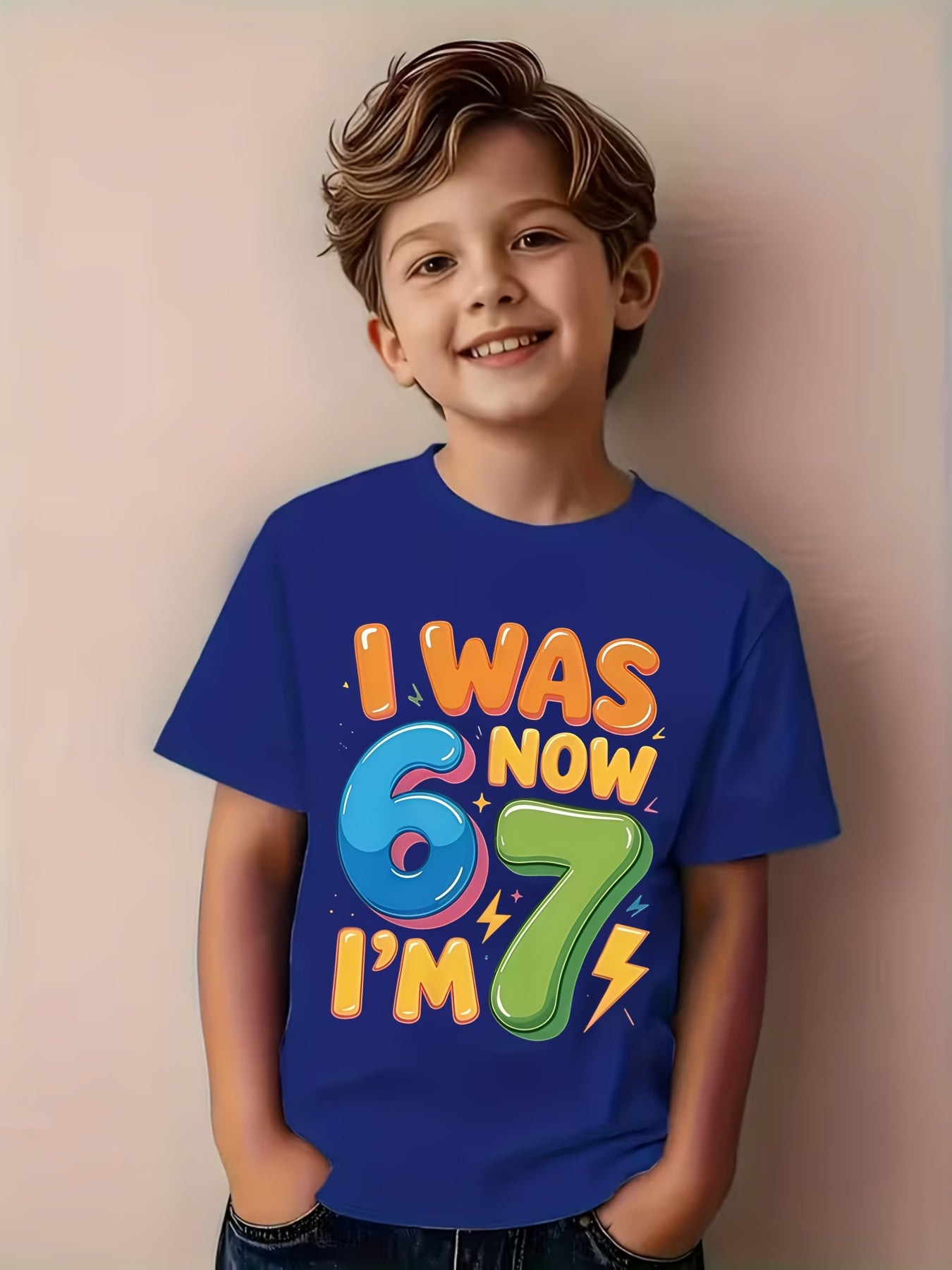 7th Birthday T-Shirt - Fun "I'm 6, Now I'm 7" Number 67 Design with Balloons and Confetti - Soft, Breathable Crewneck Casual Tee for 7-Year-Old Boys - Comfortable All-Season Birthday Party Outfit - Ideal Gift for 7th Birthday Celebrations