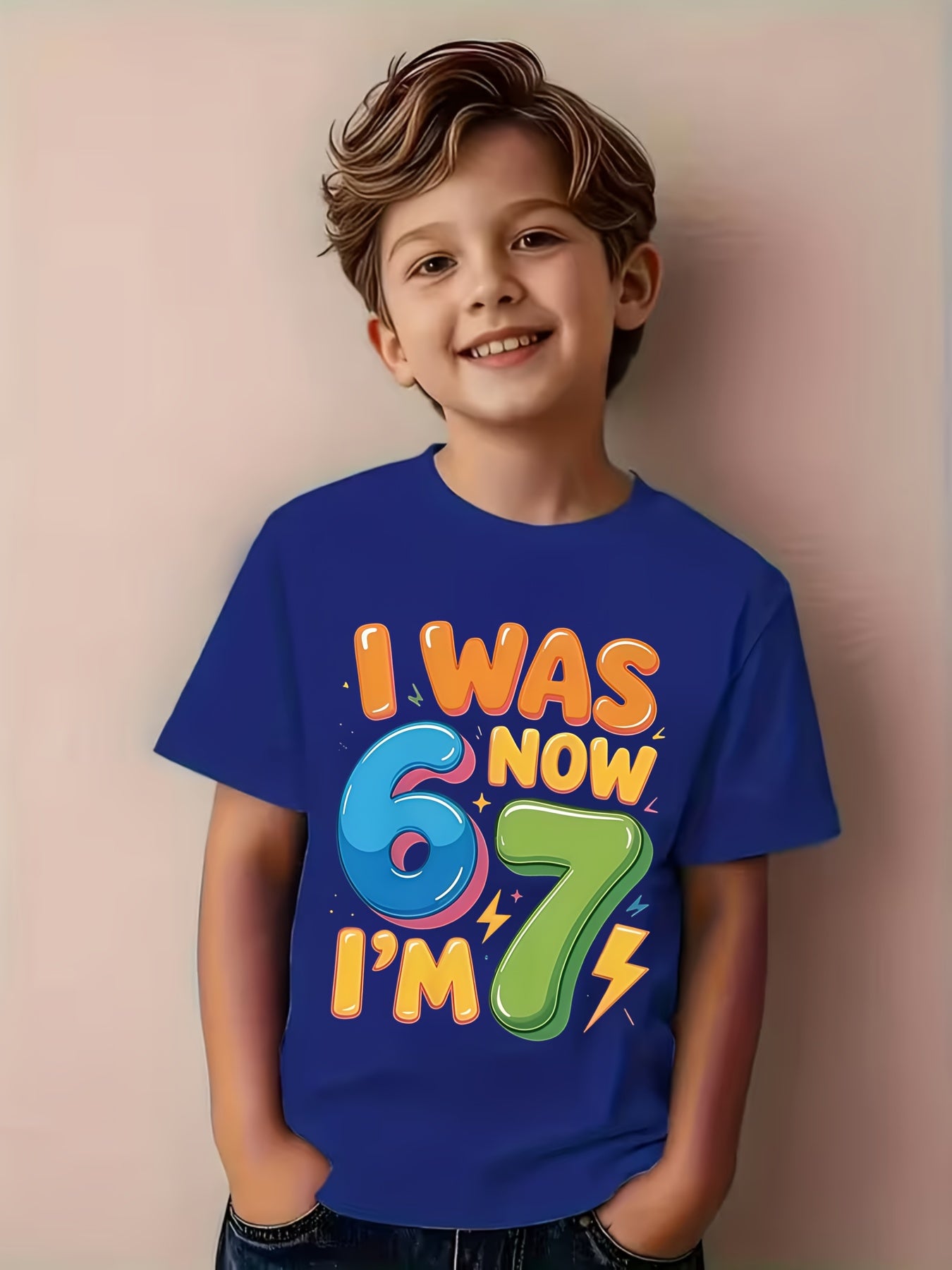 7th Birthday T-Shirt - Fun "I'm 6, Now I'm 7" Number 67 Design with Balloons and Confetti - Soft, Breathable Crewneck Casual Tee for 7-Year-Old Boys - Comfortable All-Season Birthday Party Outfit - Ideal Gift for 7th Birthday Celebrations