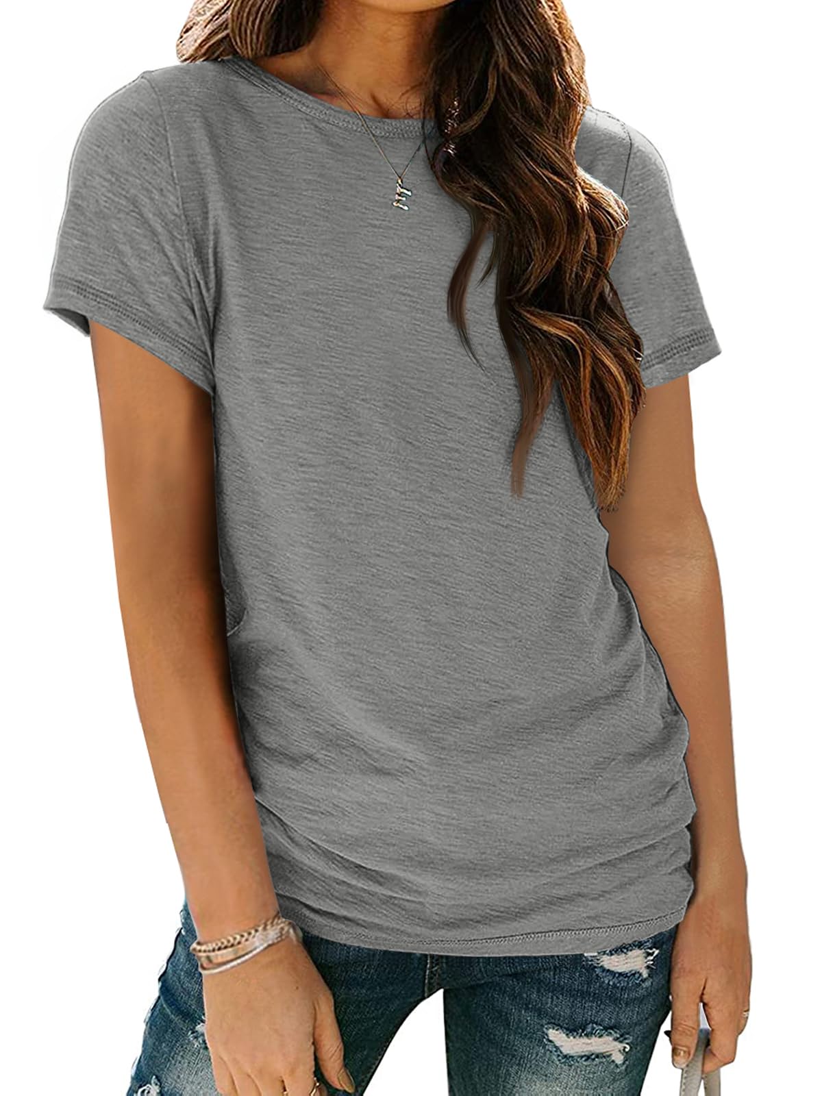 AUTOMET Women's Casual Shirt Soft Short Sleeve Round Neck Spring Summer Tops