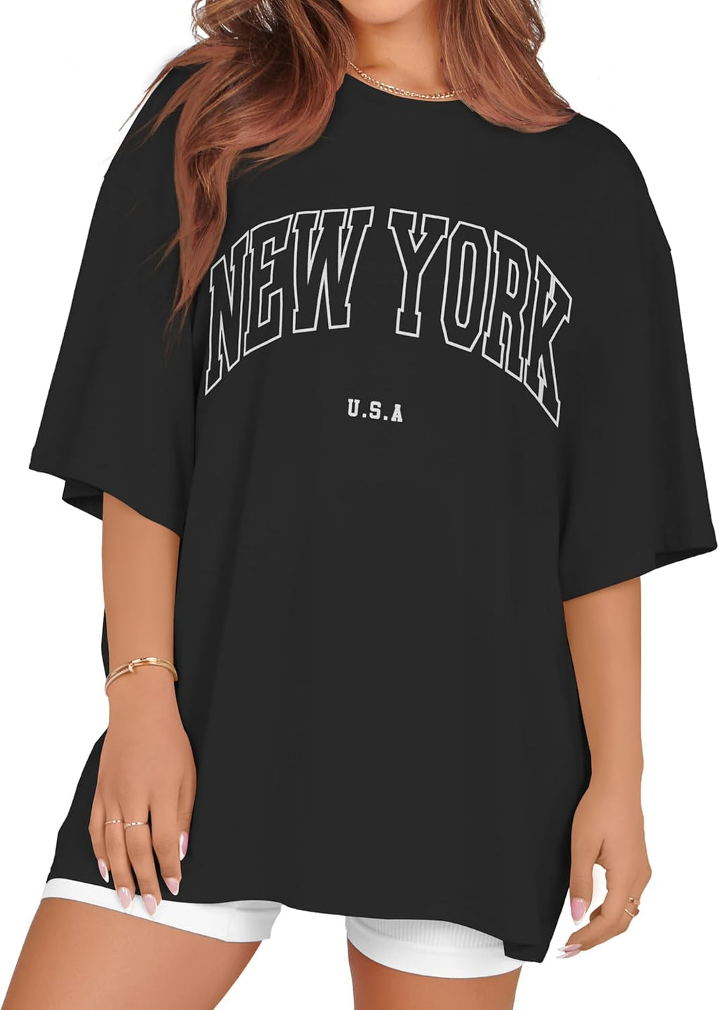 rosemia Oversized Tshirts for Women Summer Short Sleeve Round Neck Graphic Tee Shirt