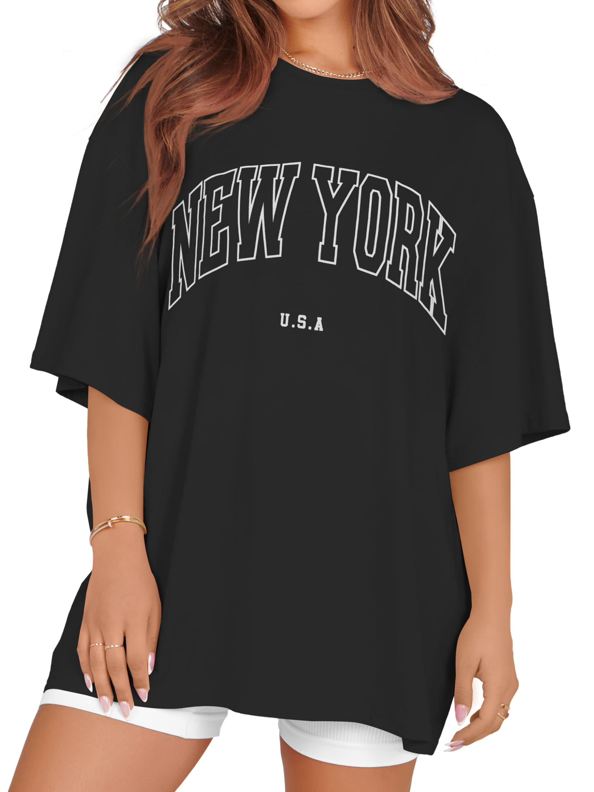 rosemia Oversized Tshirts for Women Summer Short Sleeve Round Neck Graphic Tee Shirt