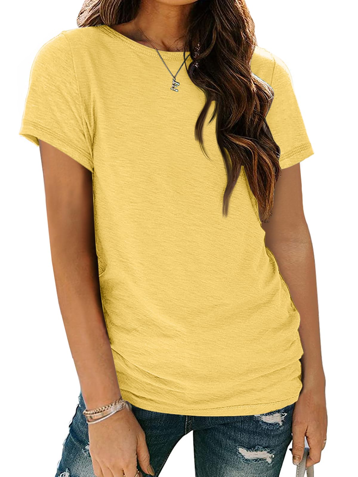 AUTOMET Women's Casual Shirt Soft Short Sleeve Round Neck Spring Summer Tops