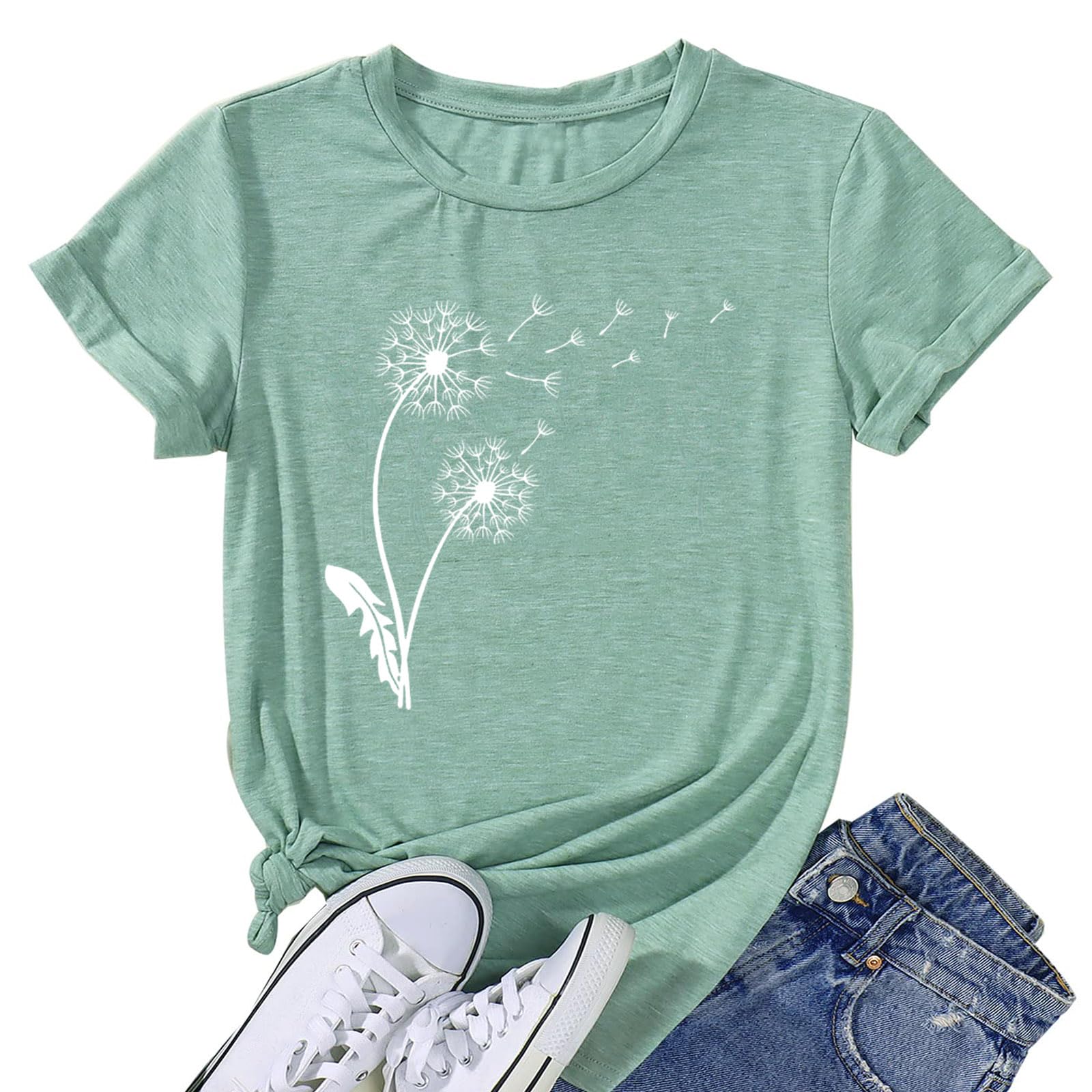 Womens Dandelion T Shirts Sunflower Graphic Casual Tees Short Sleeve Tops