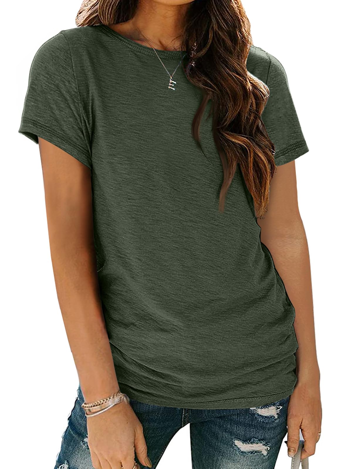 AUTOMET Women's Casual Shirt Soft Short Sleeve Round Neck Spring Summer Tops