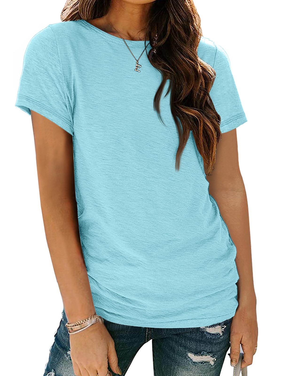 AUTOMET Women's Casual Shirt Soft Short Sleeve Round Neck Spring Summer Tops