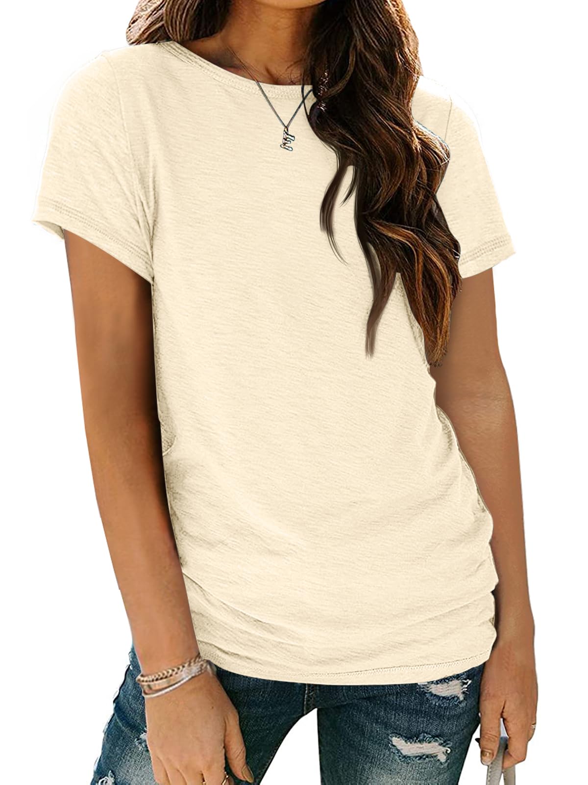 AUTOMET Women's Casual Shirt Soft Short Sleeve Round Neck Spring Summer Tops