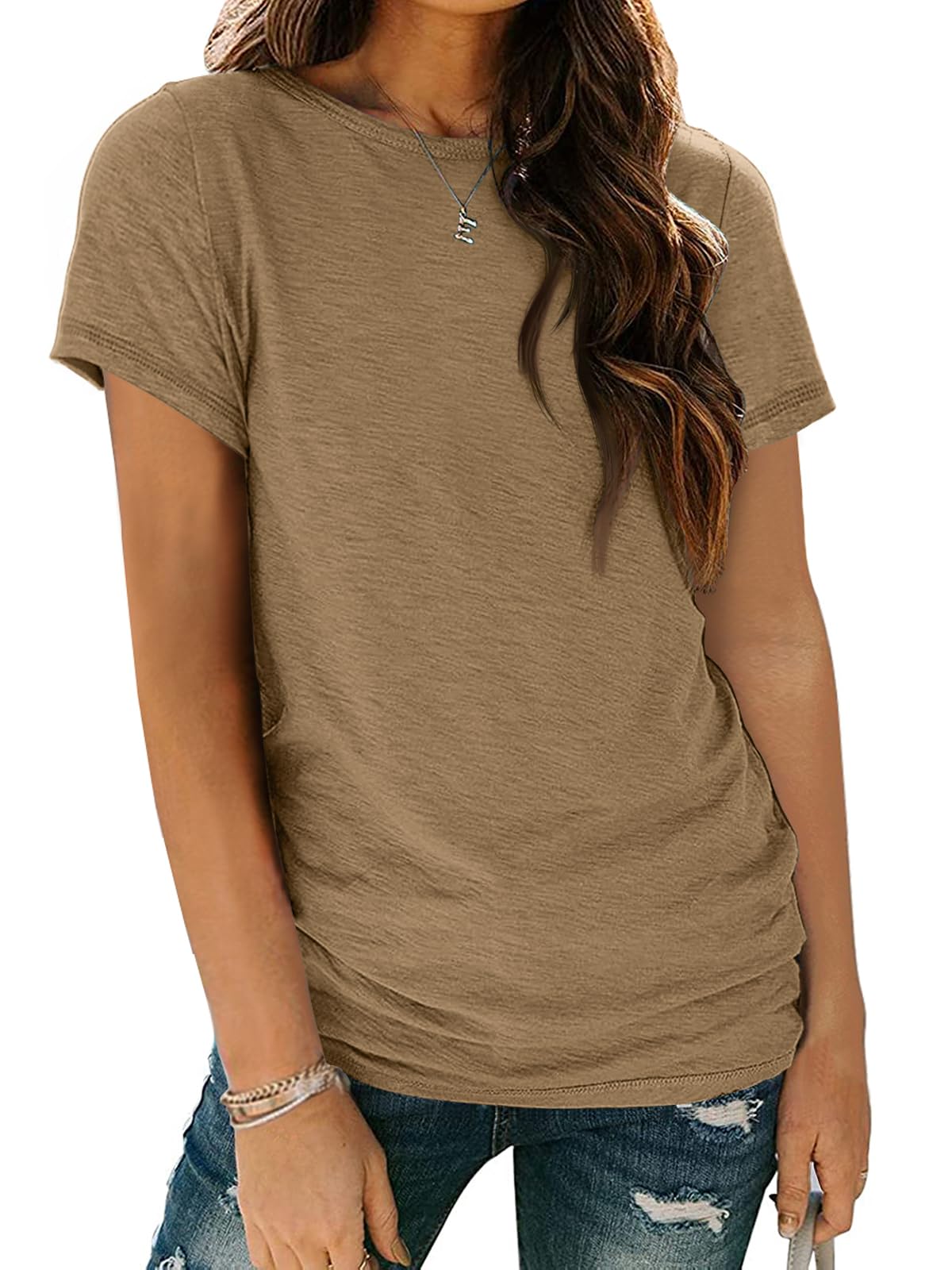 AUTOMET Women's Casual Shirt Soft Short Sleeve Round Neck Spring Summer Tops