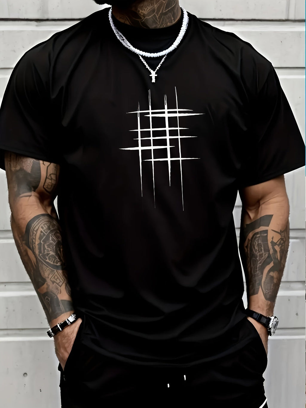 Men's Casual Short Sleeve T-Shirt - Round Neck, Soft Polyester Fabric, Geometric Black Line Design, Summer Style Tee for Casual Attire