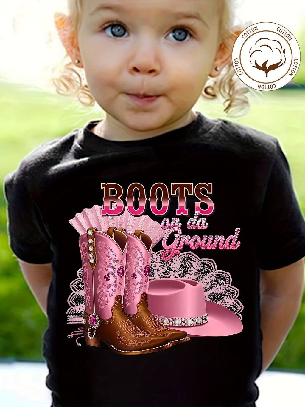 Summer Girl's 100% Cotton "Boots On The Ground" Alphabet Cartoon Cowboy Hat And Boots Print T-Shirt Comfortable And Casual Round NeckShort Sleeved Shirt for Suitable for Both Boys And Girls