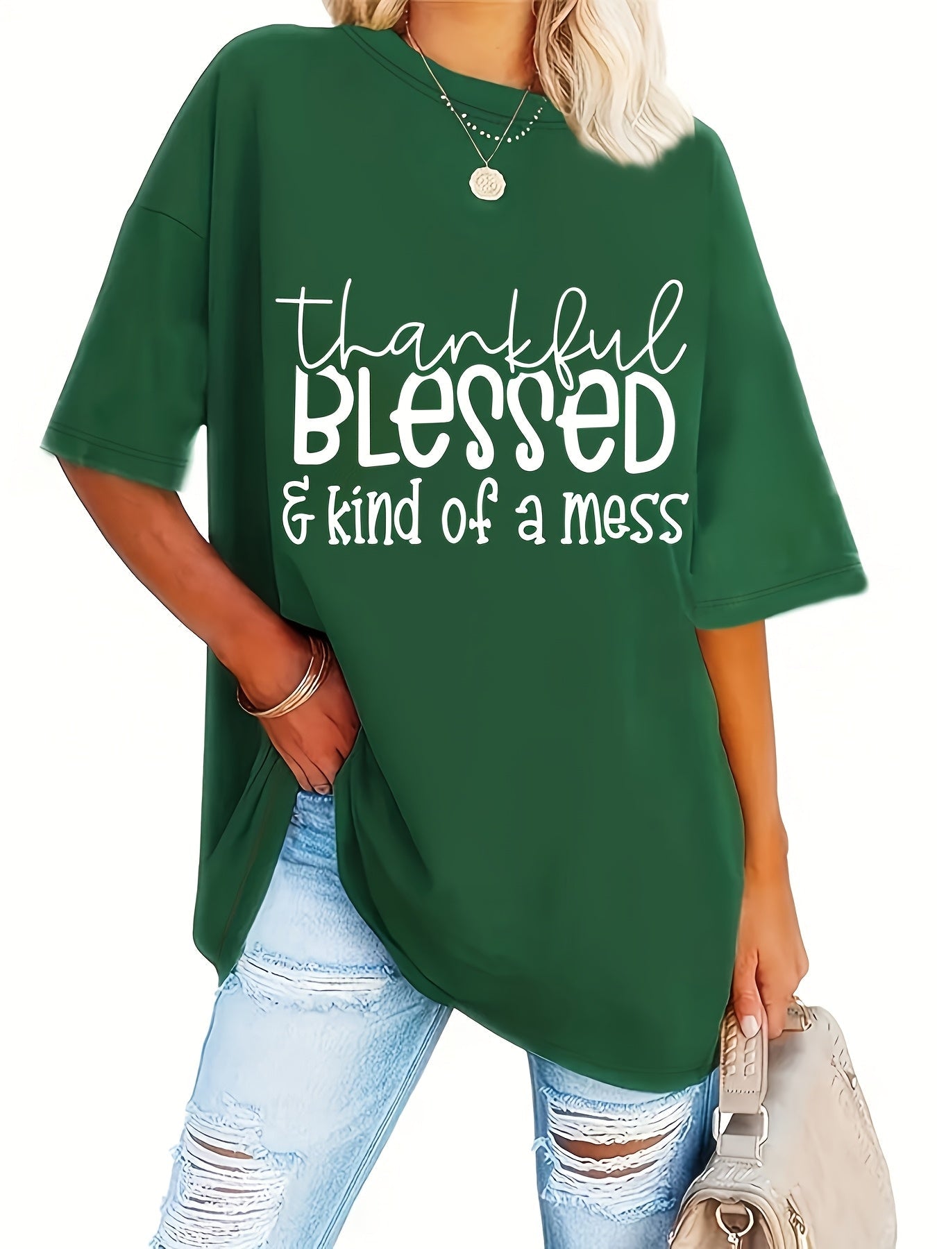 Plus Size Blessed Print T-shirt, Short Sleeve Crew Neck Casual Top For Summer & Spring, Women's Plus Size Clothing