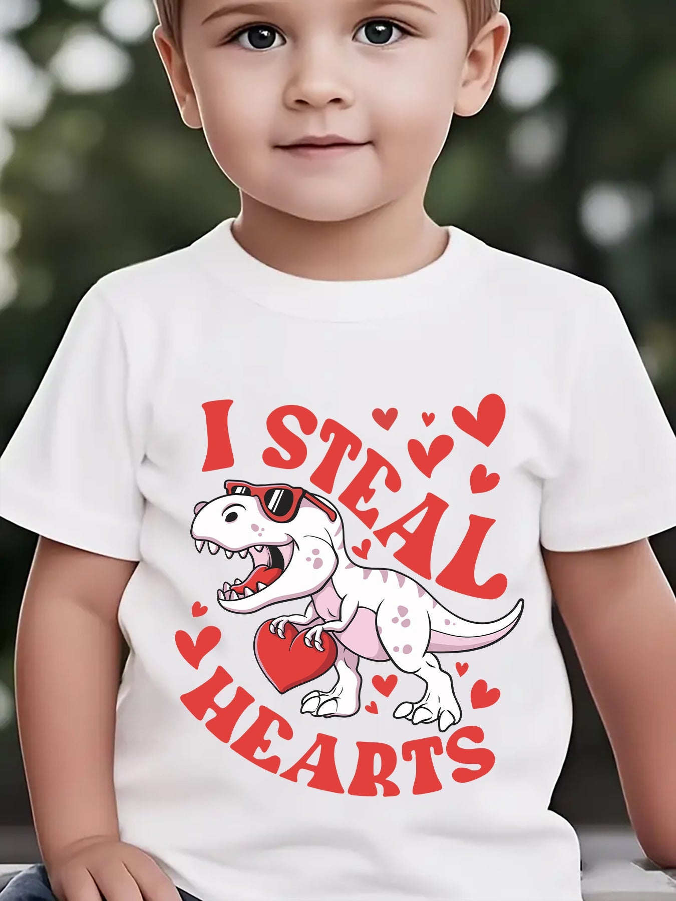 Valentine'S Day Summer Boys' Fashion Short Sleeve T-Shirt "I STEAL HEARTS" Holding Heart Dinosaur Cartoon Pattern Print Outdoor Casual Top NY-DX4923