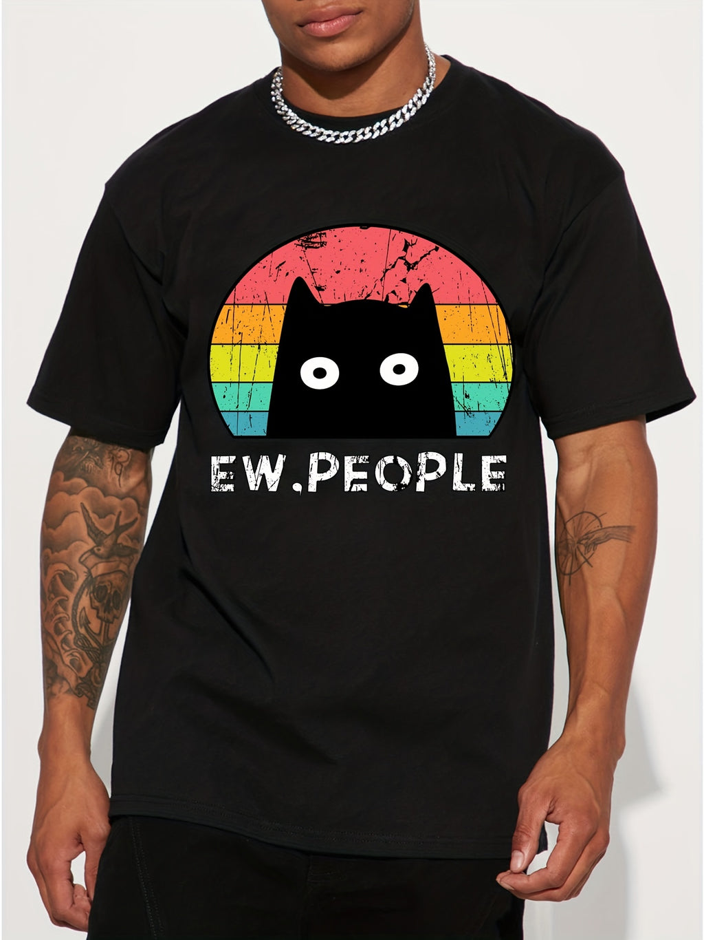 Men's Casual Trendy Black Cat Print T-shirt, Short Sleeve Crew Neck Hip Hop Style Tees For Summer Holiday Gift