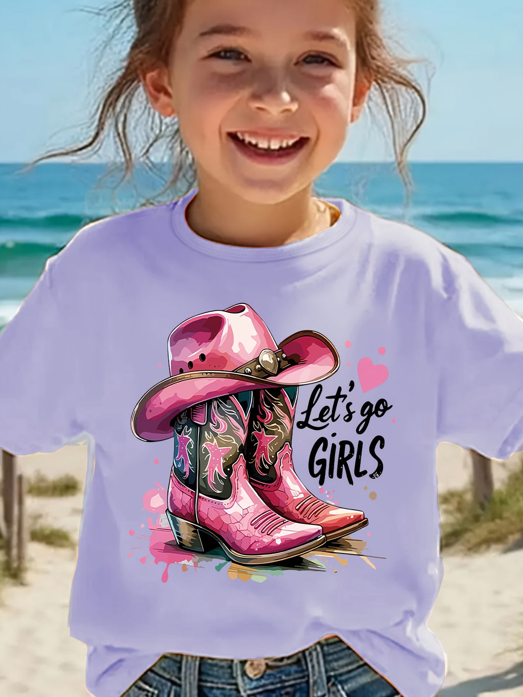 Fashion Vintage Girls Summer T-Shirt, Stylish Cowboy Boots Pattern Print T-Shirt, Let'S Go, Girls Letter Print T-Shirt, Trendy Toddler Girls T-Shirt, Casual And Light Comfortable Crew Neck Short Sleeve T-Shirt, Girls' Clothing