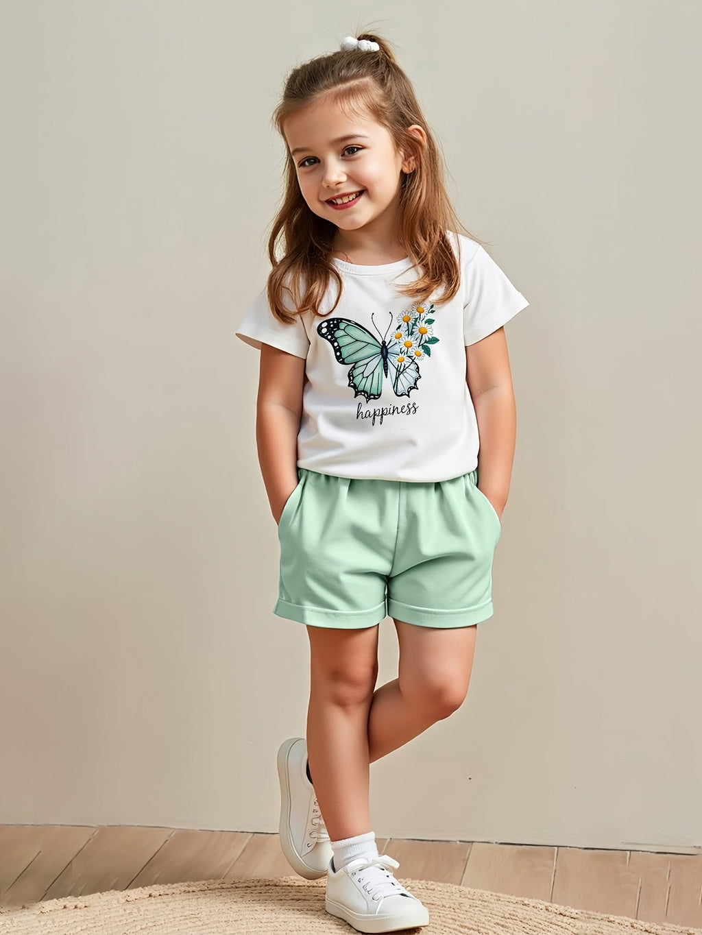 Girls' Clothing Summer Fashion Print Short Sleeve T-Shirt Top And Shorts Summer Shorts Set 2pcs, for Outdoor