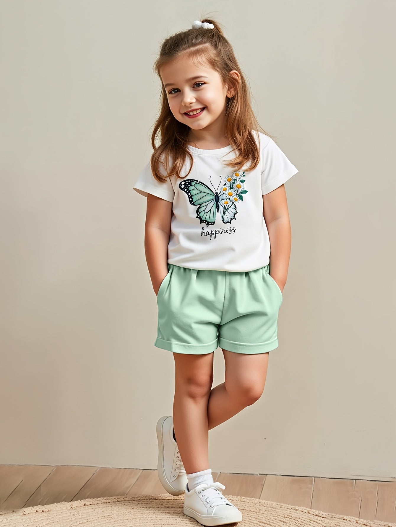 Girls' Clothing Summer Fashion Print Short Sleeve T-Shirt Top And Shorts Summer Shorts Set 2pcs, for Outdoor